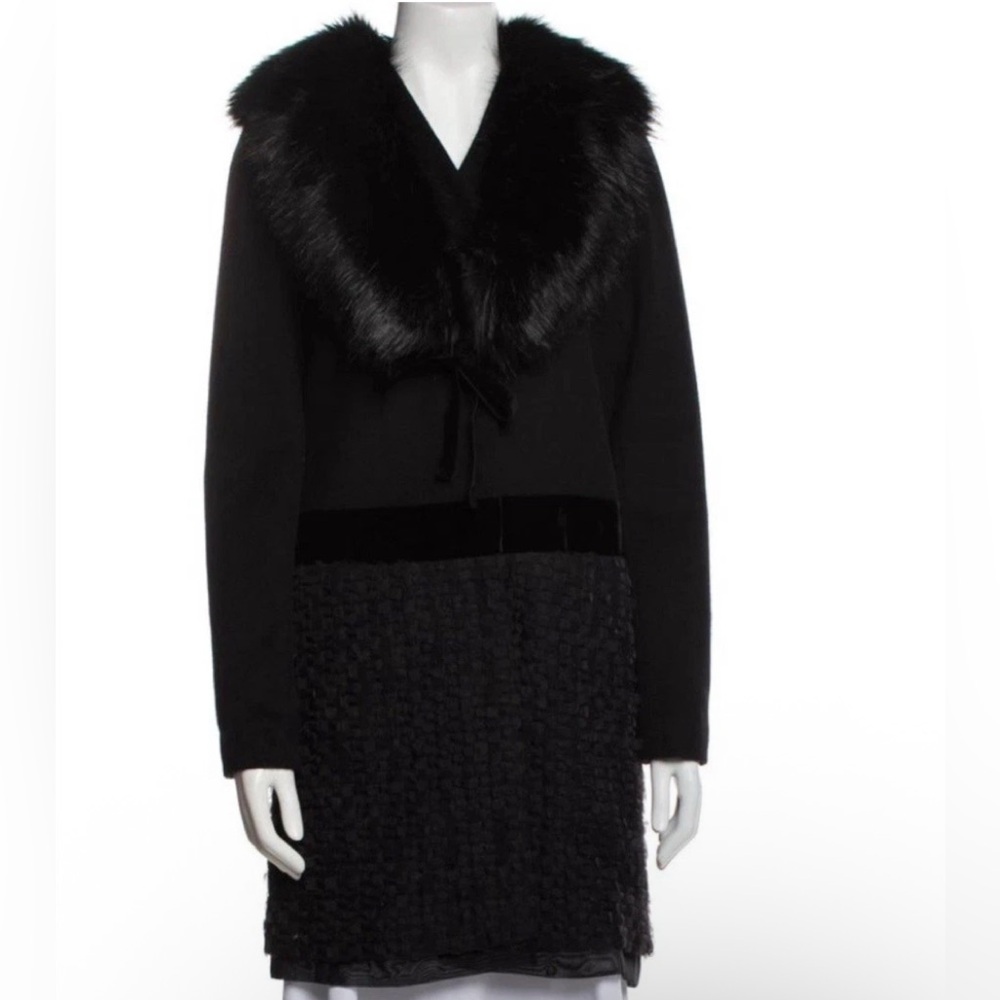 Vera Wang Wool Blend Black Detachable Faux Fur Collar Pockets Detail Sz L NWT